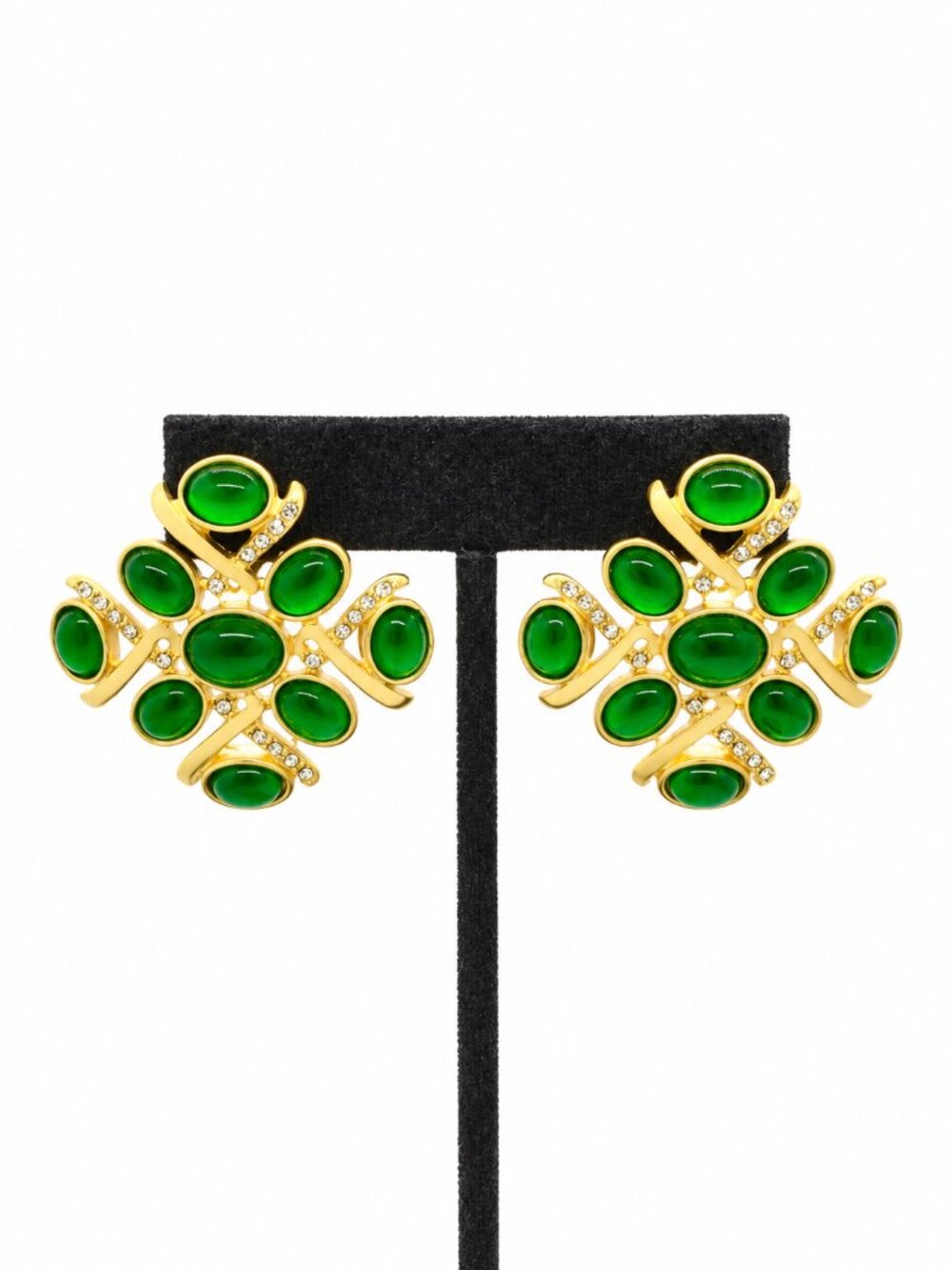 GREEN GLASS EARRINGS Gold Tone Cabochon Rhinestone Square Statement Runway Glam